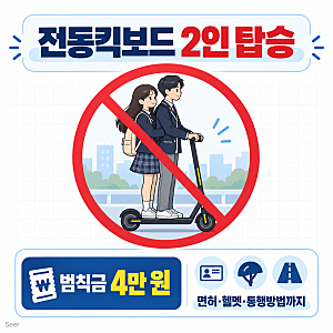 [보험꿀팁] 전동킥보드(aka. 개인형 이동장치) 2인 탑승 범칙금 4만원: 무면허·헬멧(안전모) 미....