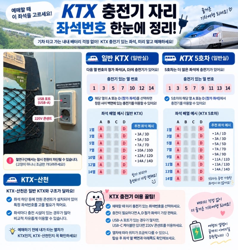 KTX 충전기 자리 총정리 콘센트 있는 좌석번호 미리 알고 예매하세요!