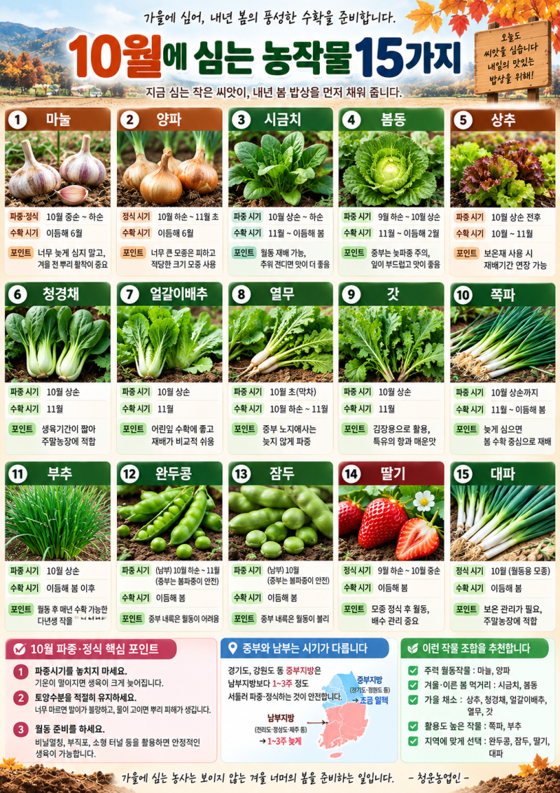 10월에 심는 농작물｜마늘·양파부터 월동 시금치까지, 중부지방 파종시기와 수확시기