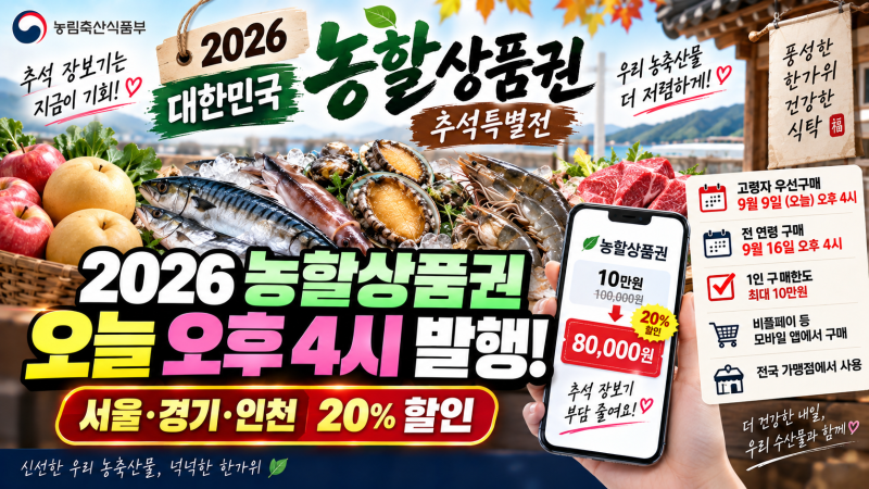 2026 농할상품권 서울 경기 인천 오늘 오후 4시 발행｜고령자 우선·20% 할인 구매방법