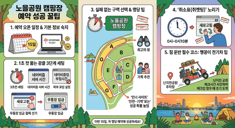 광클 성공 비법! 노을공원 캠핑장 예약 방법 및 명당 자리 선점 꿀팁