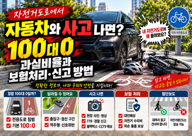 자전거도로에서 자동차와 사고 나면? 100대 0 과실비율과 보험처리·신고 방법