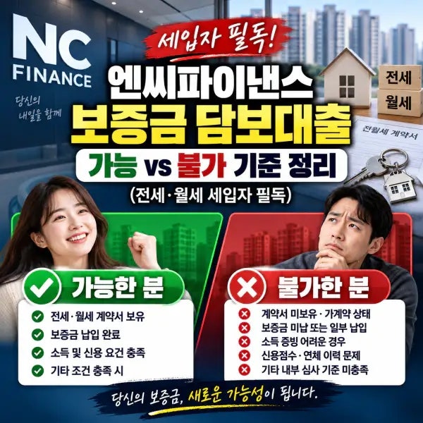 엔씨파이낸스 보증금 담보대출 가능 vs 불가 기준 정리 (전세·월세 세입자 필독)