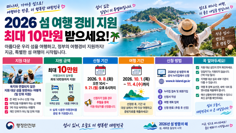 2026 섬 여행 경비 지원 신청방법｜1박 이상 최대 10만원·9월 21일 마감