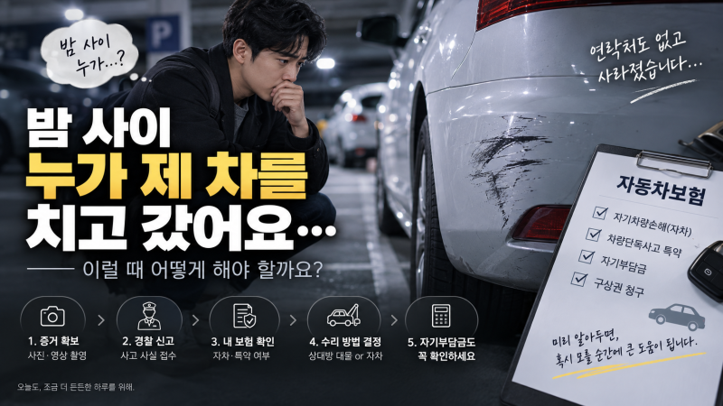 밤 사이 누가 제 차를 치고 갔어요..이럴 때 어떻게 해야하나요?(주차중 뺑소니, 물피도주)