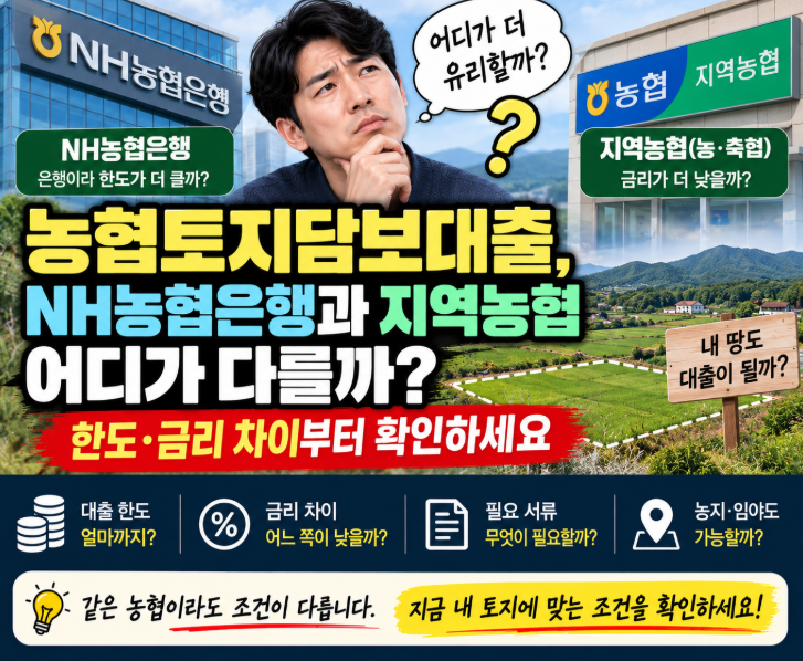 농협토지담보대출, NH농협은행과 지역농협 어디가 다를까…한도·금리 차이부터 확인하세요