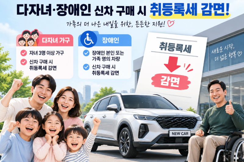 다자녀·장애인 신차 구매 시 취등록세 감면 총정리 (2026년 최신)
