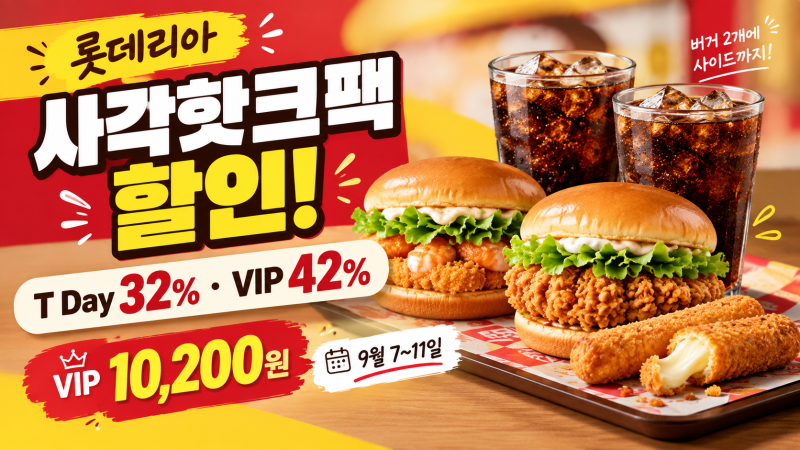 롯데리아 사각핫크팩 할인!｜9월 T Day 32%·42% 쿠폰 받는 법