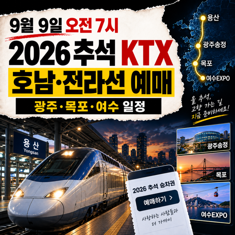 2026 추석 KTX 예매 오늘 7시 시작, 호남선·전라선 예매방법·잔여석 일정