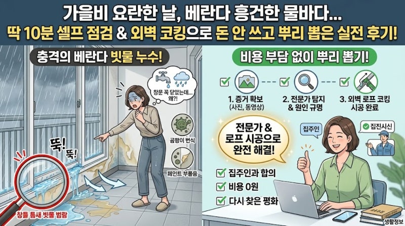 비만 오면 베란다 바닥이 한강… 아파트 창틀 빗물 누수, 집주인 비용으로 로프 코킹 완벽 해....
