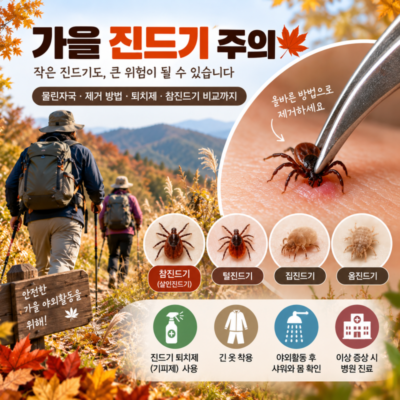 가을 진드기 물린자국 증상부터 제거법까지 (+참진드기·털진드기·옴진드기 비교)