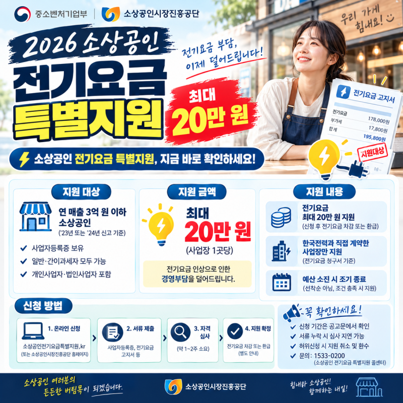 2026 소상공인 전기요금 특별지원 신청 방법과 대상 총정리