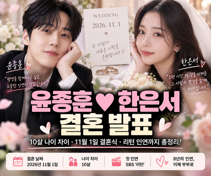 윤종훈 한은서 결혼 발표, 10살 나이 차이·리턴 인연·11월 1일 결혼식 총정리