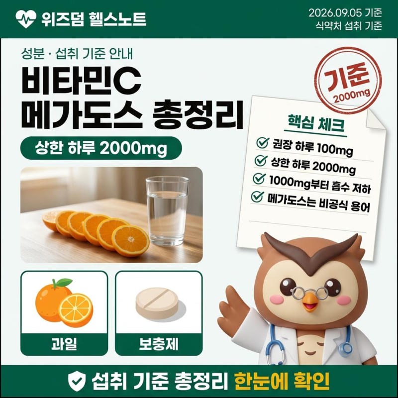 비타민C메가도스 총정리 (권장량·상한 2000mg·흡수율)