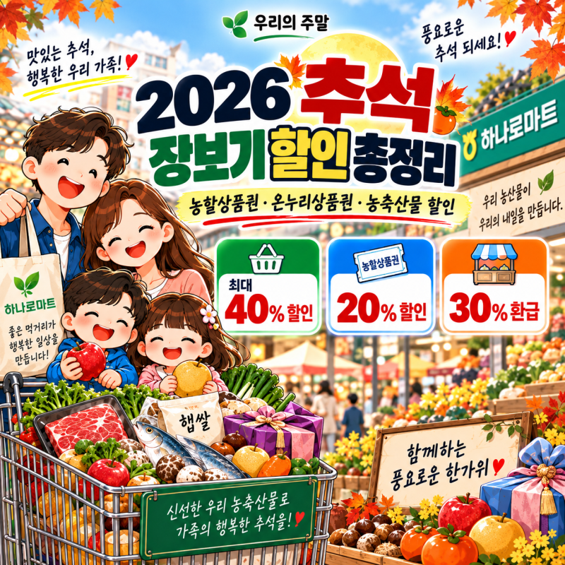 2026 추석 장보기 할인 총정리｜농축산물 최대 40%·농할상품권 20%·온누리 최대 2만원 환급