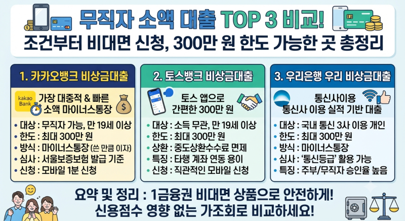 무직자 소액 대출 TOP 3 비교 (+조건, 비대면 신청, 300만 원 한도 가능한 곳)
