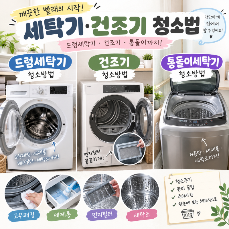 세탁기 청소법 총정리｜드럼세탁기·건조기·통돌이 청소방법