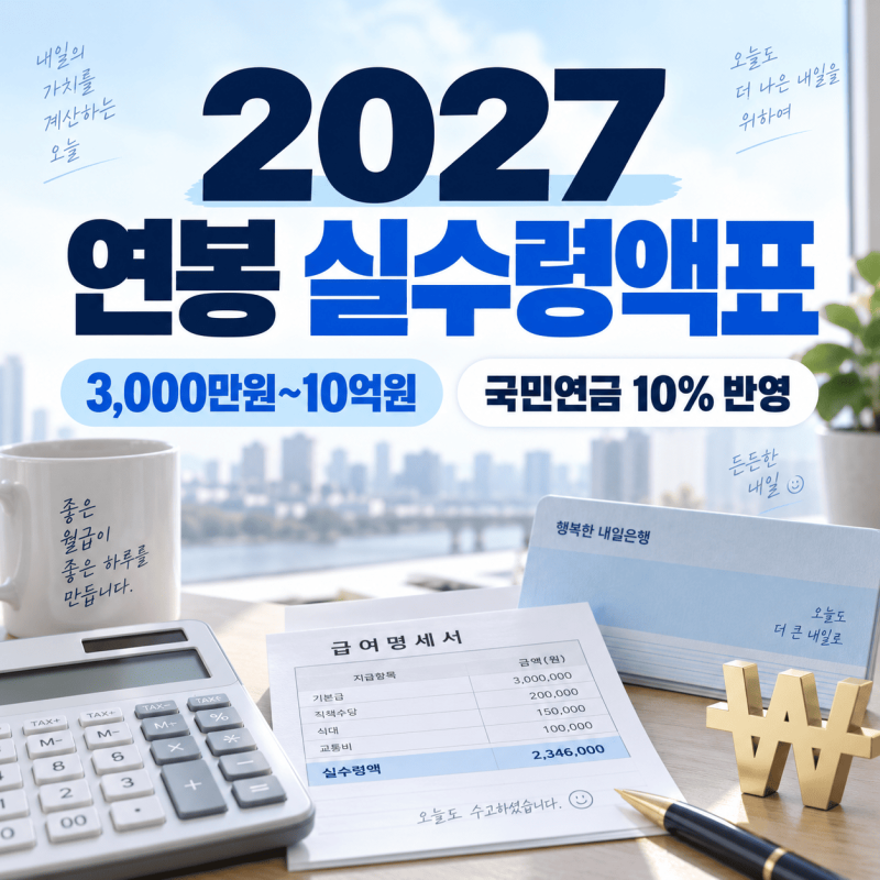 2027 연봉 실수령액표｜국민연금 10%·고용보험 인상 반영, 3000만원~10억