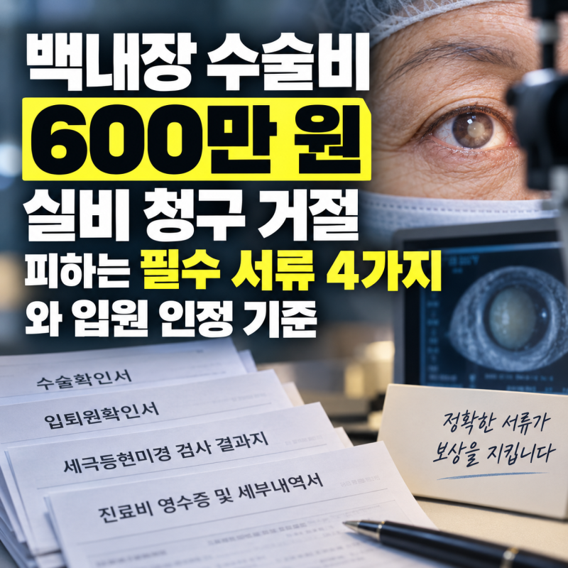 백내장 수술비 600만 원 실비 청구 거절 피하는 필수 서류 4가지와 입원 인정 기준