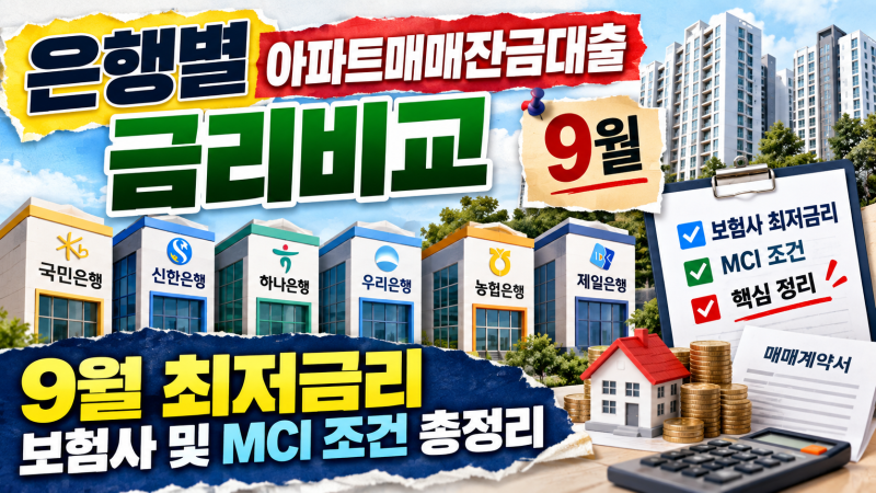 은행별 아파트매매잔금대출 금리비교, 9월 최저금리 보험사 및 MCI 조건 총정리