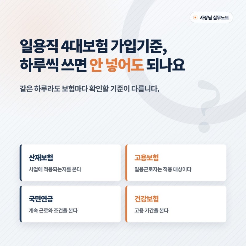 일용직 4대보험 가입기준, 하루씩 쓰면 안 넣어도 되나요