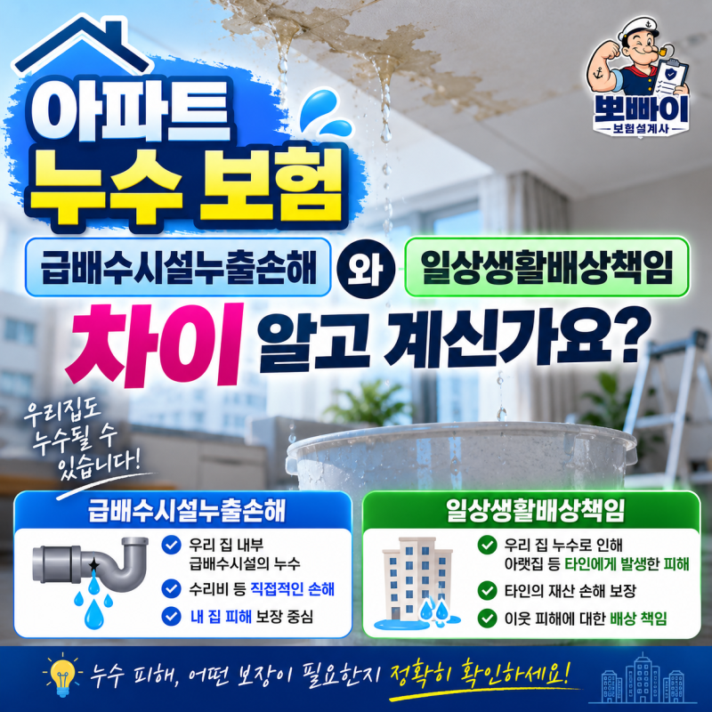 아파트 누수 보험, 급배수시설누출손해와 일상생활배상책임 차이 알고 계신가요?