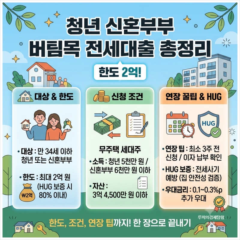 청년 신혼부부 버팀목 전세자금대출 한도 2억 조건 연장꿀팁