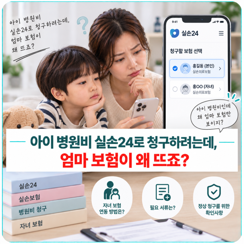 아이 병원비 실손24로 청구하려는데, 엄마 보험이 왜 뜨죠? 자녀청구에서 헷갈리는 부분
