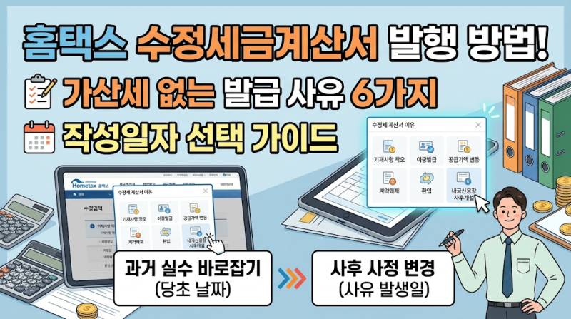 홈택스 수정세금계산서 발행 방법! 가산세 없는 발급 사유 6가지와 작성일자 선택 가이드