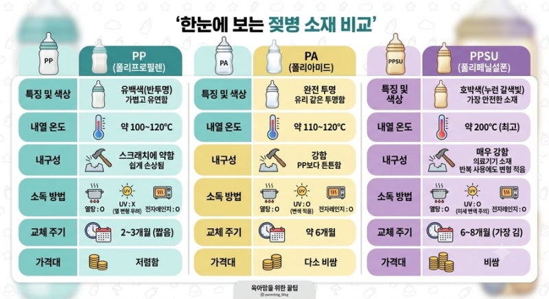 [육아꿀팁] 신생아 젖병 고르기! PP, PA, PPSU 소재 완벽 비교 & 올바른 소독법