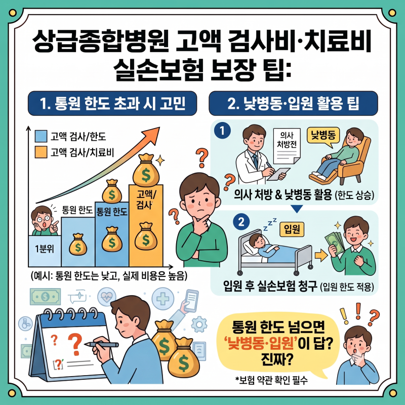 상급종합병원 고액 검사비·치료비 실손보험 보장 팁 (통원 한도 초과 시 낮병동·입원 활용....