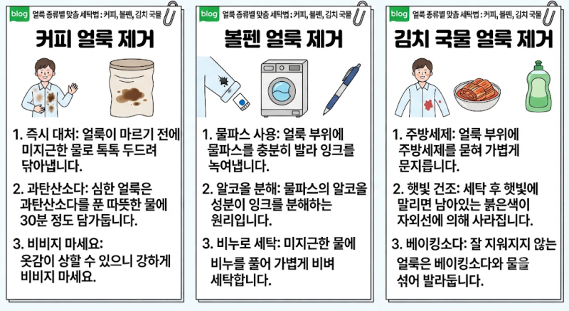 옷에 묻은 얼룩 종류별 지우기: 커피, 볼펜, 김치 국물 완벽 제거 가이드