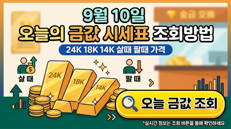 9월 10일 오늘의 금값 시세표 조회방법 14K 18K 24K 살때 팔때 가격(2026년)