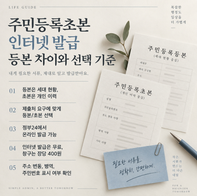 주민등록초본 인터넷 발급 등본 차이와 선택 기준