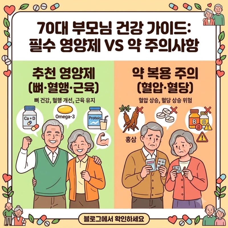 70대 부모님 필수 영양제 추천 및 고혈압 당뇨약 복용 시 피해야 할 조합 총정리