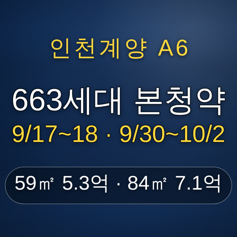 인천계양 A6블록 LH 공공분양 663세대 본청약 — 사전청약 당첨자 9/17~18, 일반공급 9/30~10/2, 59㎡....