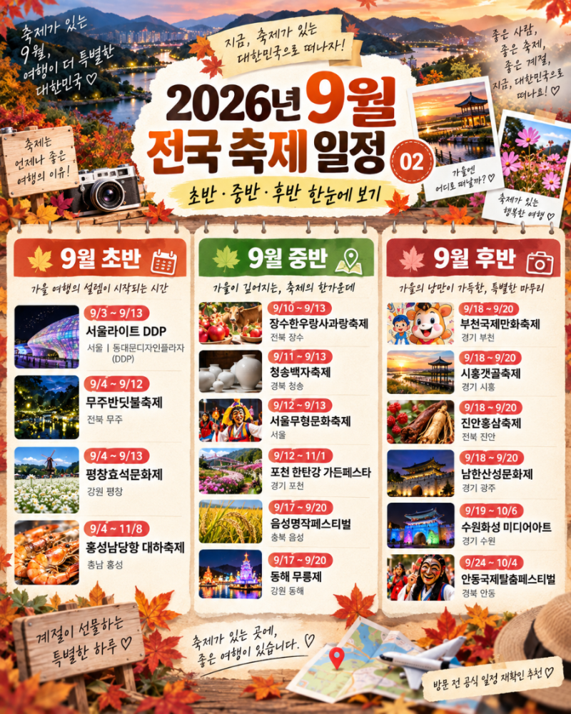 2026년 9월 전국 축제 총정리｜서울 경기 강원 충청 전라 경상 가볼만한 가을축제 16선