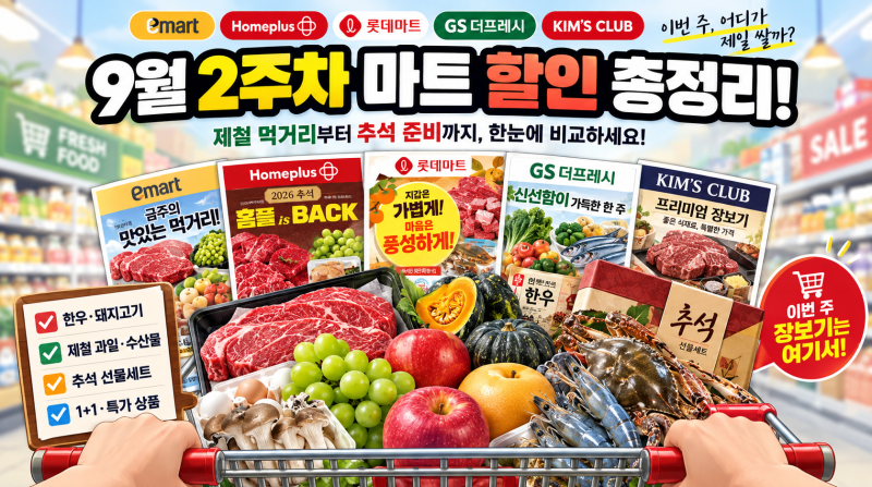 [9월 2주차] 대형마트 전단 총정리! 이마트·롯데마트·홈플러스·킴스클럽·GS더프레시 2026 추....