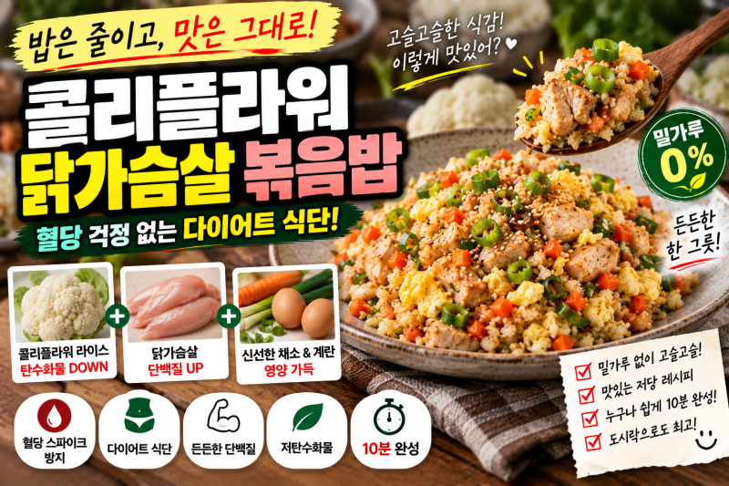 혈당 걱정 없는 콜리플라워 볶음밥 만들기! 당뇨 다이어트 식단용 닭가슴살 볶음밥 황금레시....