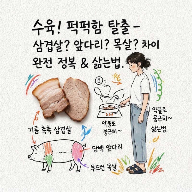 수육 부위 잘못 고르면 퍽퍽해집니다 삼겹살 앞다리 목살 차이부터 삶는법까지