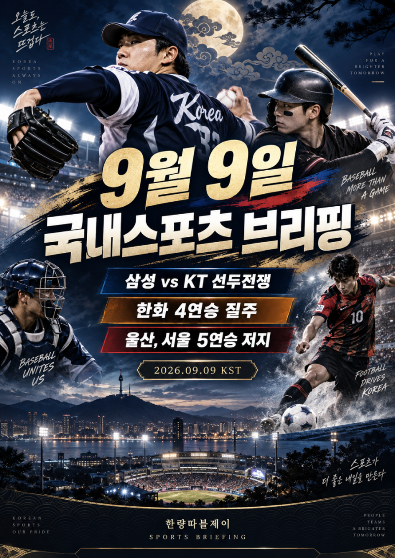 2026년 9월 9일 국내스포츠 브리핑｜삼성·KT 1.5경기 차 선두전쟁, 한화 4연승, 울산 서울 격파