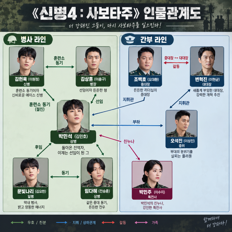 《신병4 : 사보타주》 인물관계도 총정리! 박민석과 김현욱의 숨겨진 관계는?