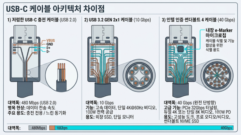 썬더볼트 4 vs 일반 C타입 케이블 구별법: 24핀 신호선 아키텍처와 e-Marker 칩셋 검증 3단계