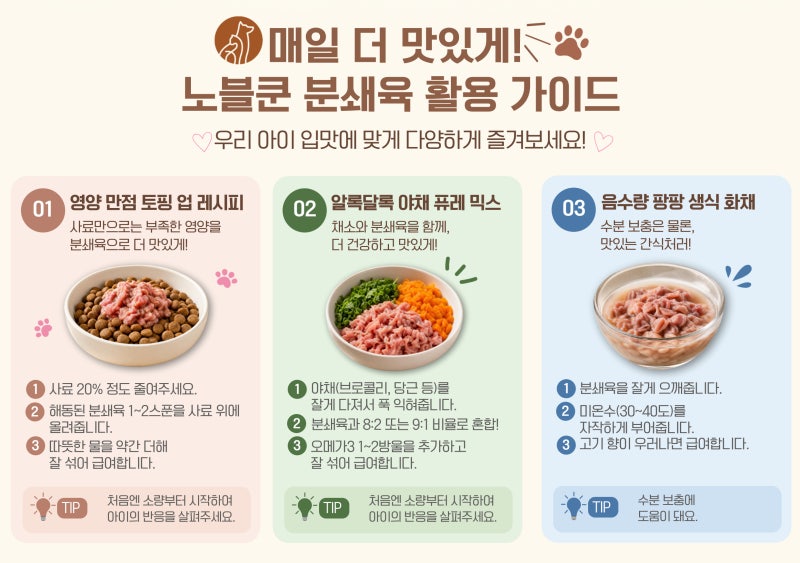 강아지 오리 닭 생식 급여방법! 노블쿤 분쇄육 200% 활용 레시피 TOP 3 후기