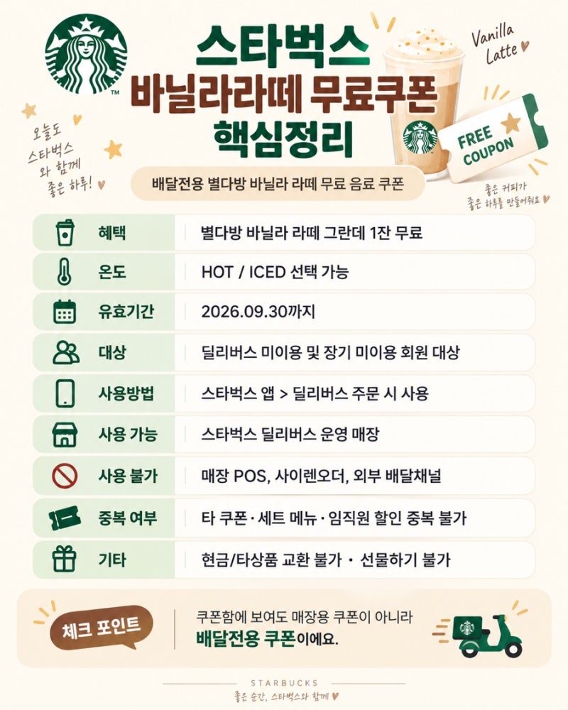 스타벅스 바닐라라떼 무료쿠폰 확인｜배달전용·라떼위크 룰렛 이벤트 총정리