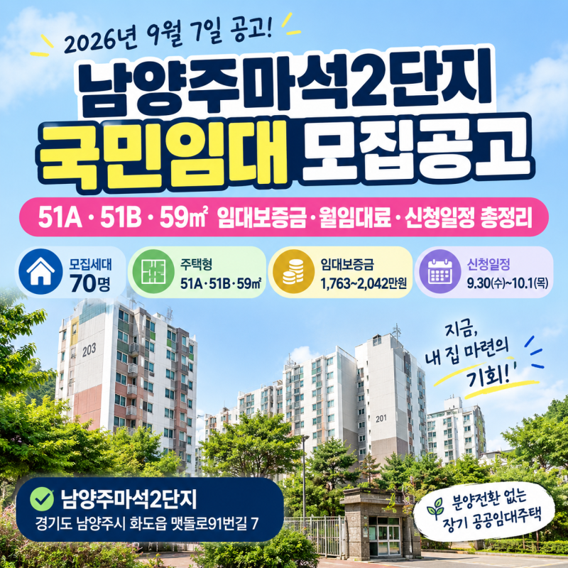 [2026년 LH공사] 남양주마석2단지 국민임대 모집공고｜51A·51B·59㎡ 임대보증금·월임대료·신청....