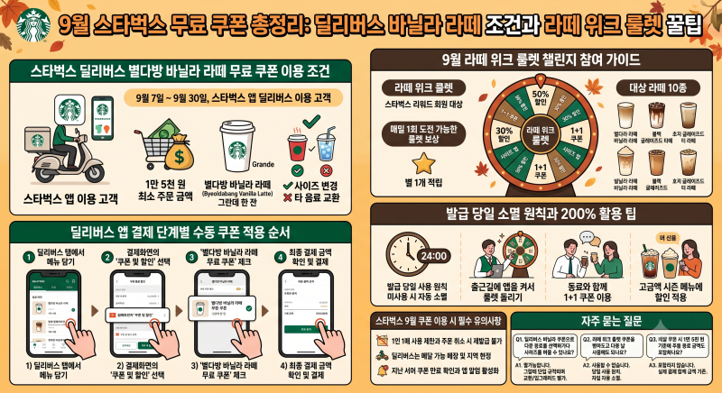 9월 스타벅스 무료 쿠폰 총정리 | 딜리버스 바닐라 라떼 조건과 라떼 위크 룰렛 꿀팁