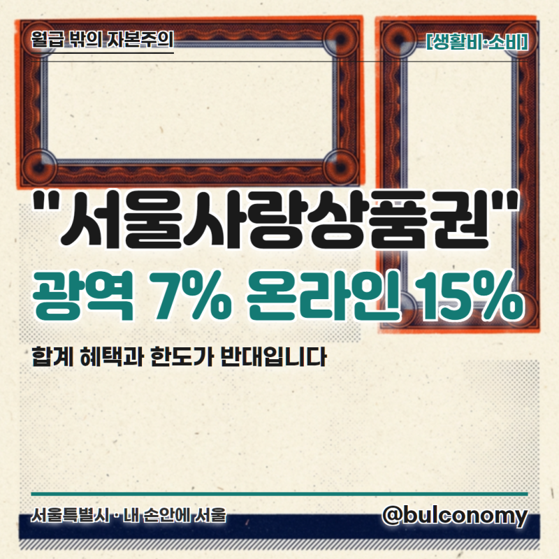 서울사랑상품권 할인율, 광역은 7% 온라인은 15%입니다