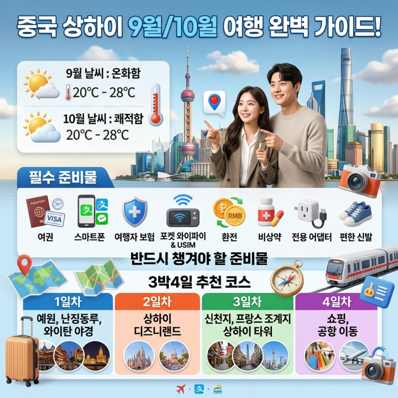 중국 상하이 9월, 10월 날씨, 중국 여행 반드시 미리 챙겨야할 준비물 리스트, 3박4일 코스까....