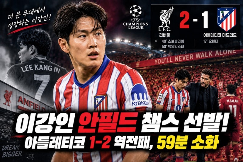 이강인 안필드 챔스 선발! 아틀레티코 1-2 역전패, 59분 소화